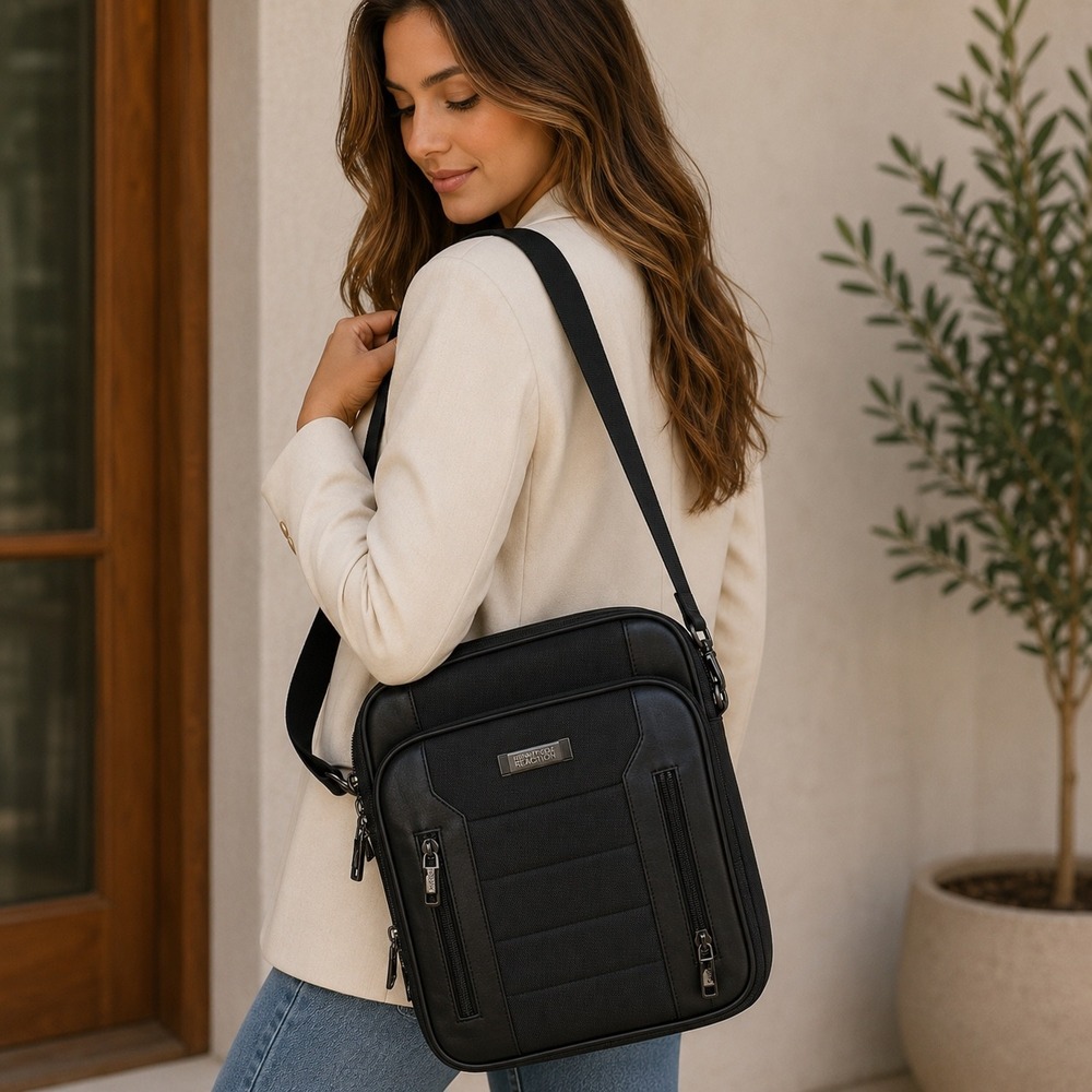 Kenneth Cole Reaction Black Messenger Bag Crossbody Tech‎ Travel Tablet Case